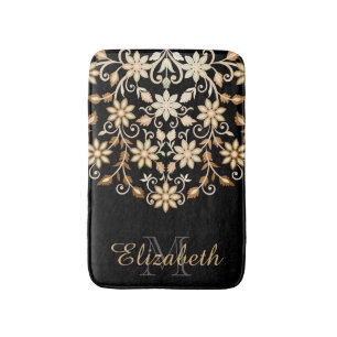 Black and Gold Elegant Floral Bath Mat