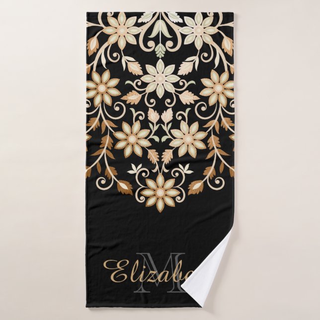 Black and Gold Elegant Floral Bath Towel Set (Bath Towel)
