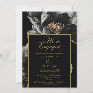 Black And Gold Elegant Floral Engagement Party Invitation