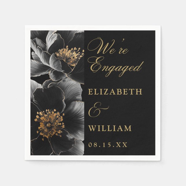 Black And Gold Elegant Floral Engagement Party Napkin (Front)