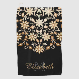 Black and Gold Elegant Floral Golf Towel