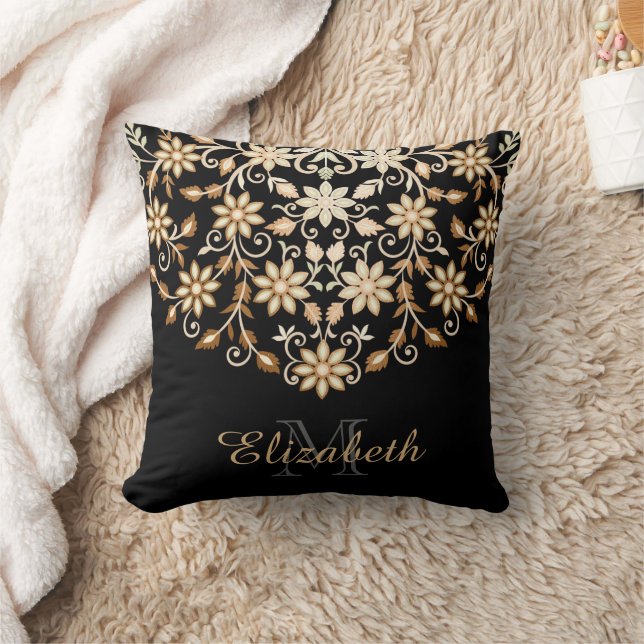 Black and Gold Elegant Floral Throw Pillow (Blanket)
