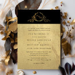 Black and Gold Elegant Formal Monogram Wedding Invitation<br><div class="desc">Elegant black and gold formal wedding invitation with attractive top border in black with delicate fine hand drawn monogram with bride and groom's initials in gold faux foil. Rest of the invitation with a beautiful gold foil print background showcasing your wedding details in black. Clean, minimal, yet elegant and formal...</div>