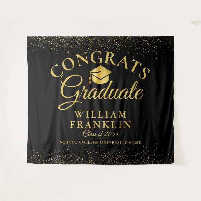 Black And Gold Elegant Graduation Photo Backdrop Tapestry (Front (Horizontal))