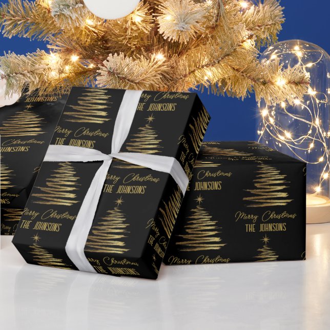 Black And Gold Elegant Merry Christmas Tree Name Wrapping Paper (Holidays)