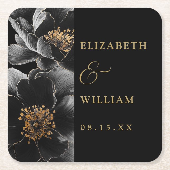 Black And Gold Elegant Modern Floral Wedding Square Paper Coaster (Front)