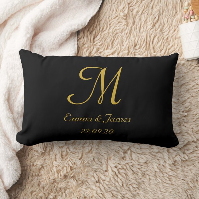 Black and Gold Elegant Monogram Script Name  Lumbar Pillow (Blanket)