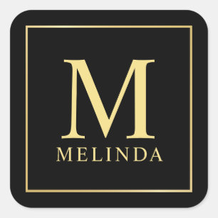 Black and Gold Elegant Monogram Square Sticker