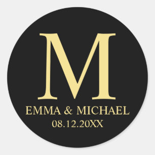 Black and Gold Elegant Monogram Wedding Favour Classic Round Sticker