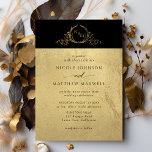 Black and Gold Elegant Monogram Wedding Invitation<br><div class="desc">Elegant black and gold wedding invitation with attractive top border in black with delicate fine hand drawn monogram with bride and groom's initials in gold faux foil. Rest of the invitation with a beautiful gold foil print background showcasing your wedding details in black. Clean, minimal, yet elegant and formal style....</div>