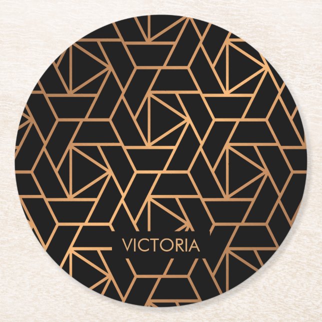 Black and Gold Elegant Pattern Round Paper Coaster (Front)