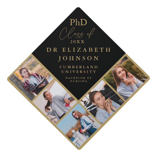 Black And Gold Elegant PhD Degree 5 Photo Collage Graduation Cap Topper (Front)