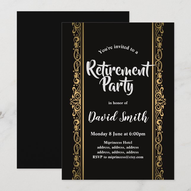 black and gold, elegant retirement party invitation (Front/Back)