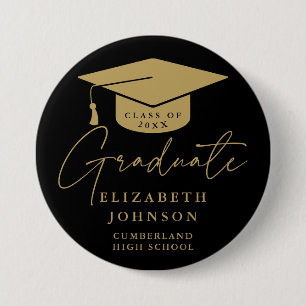 Black And Gold Elegant Script Graduation 3 Inch Round Button