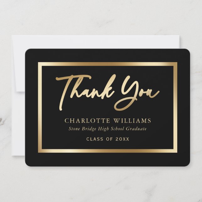 Black and Gold Elegant Script Graduation Thank You Card (Front)