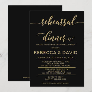 black and gold Elegant Script Rehearsal Dinner Invitation