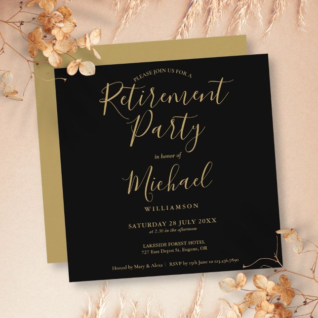 Black And Gold Elegant Script Retirement Party Invitation (Black And Gold Elegant Script Retirement Party Invitation)