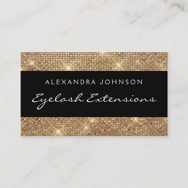 Black and Gold Elegant Sparkly Eyelash Extensions Business Card (Front)