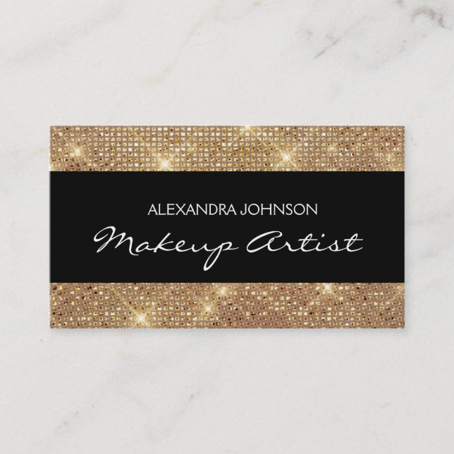 Black and Gold Elegant Sparkly Makeup Artist Business Card (Front)