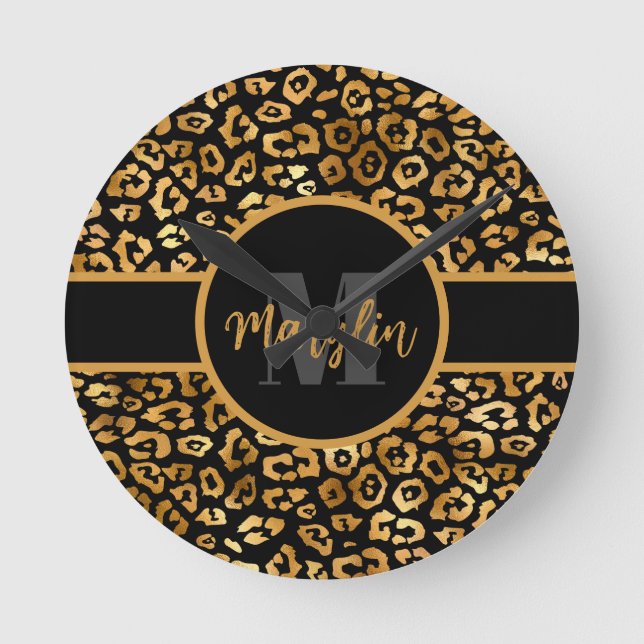 BLACK AND GOLD ELEGANT TRENDY LEOPARD PRINT ROUND CLOCK (Front)