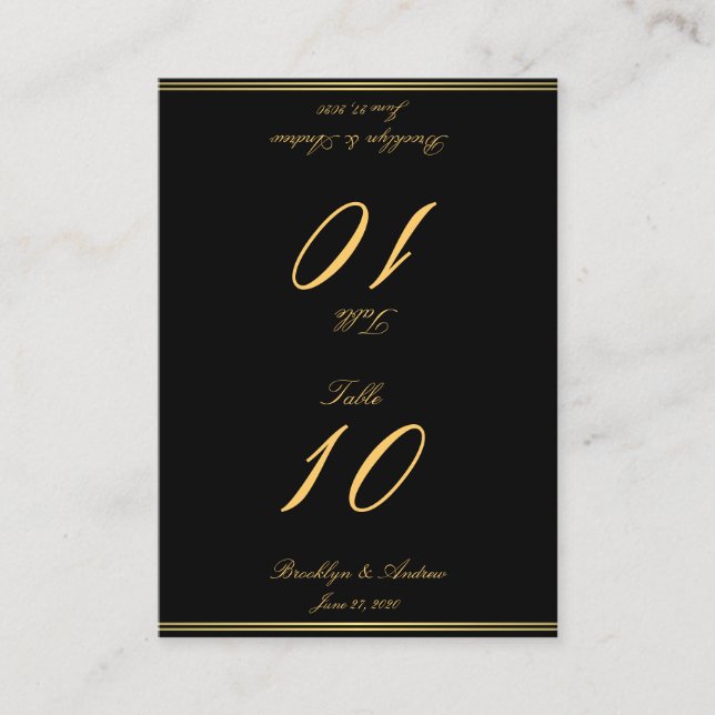 Black And Gold Elegant Wedding Table Number Cards (Front)