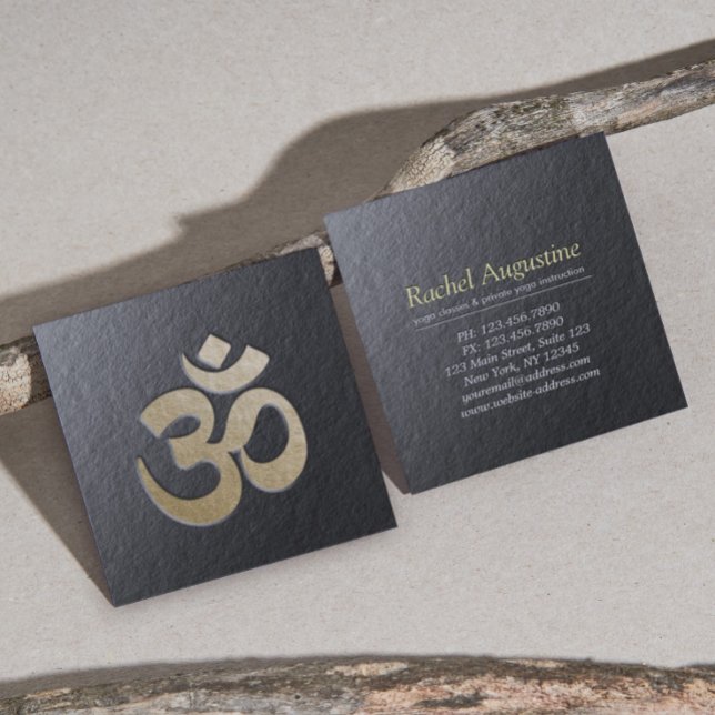 Black and Gold Embossed OM Symbol Yoga Instructor Square Business Card (Creator Uploaded)