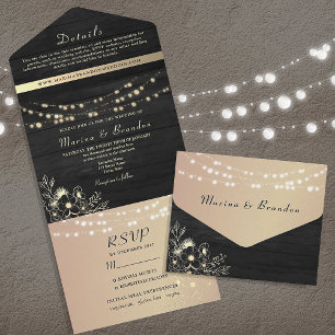 Black and Gold Fairy Lights Wedding All In One Invitation
