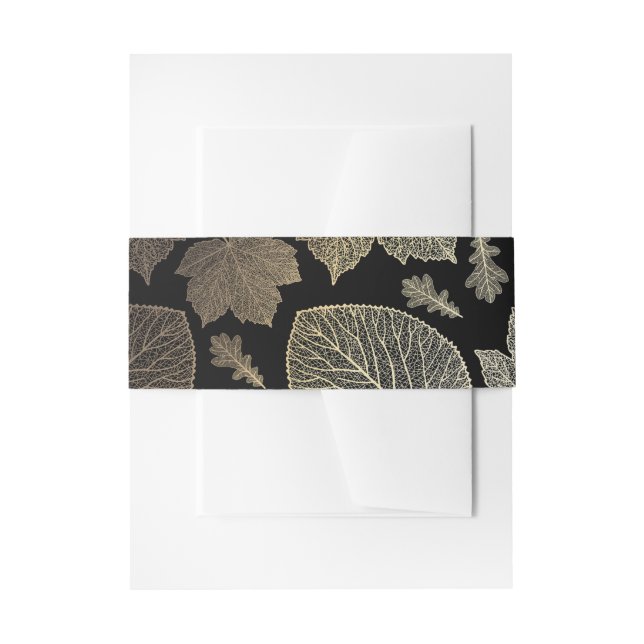 black and gold fall leaves wedding invitation belly band (Front Example)