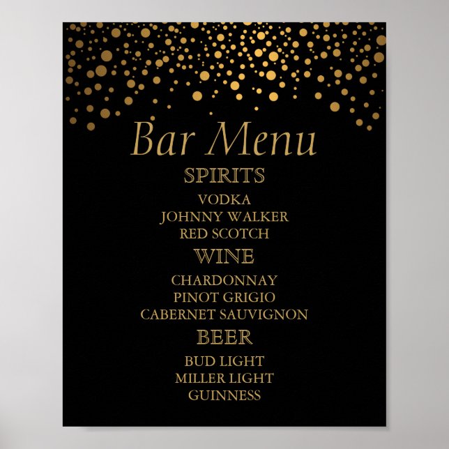 Black and Gold Faux Foil Confetti Dots - Bar Menu Poster (Front)