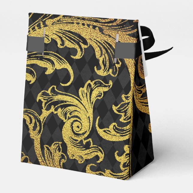 Black and Gold Faux Foil Damask Favor Box (Back Side)