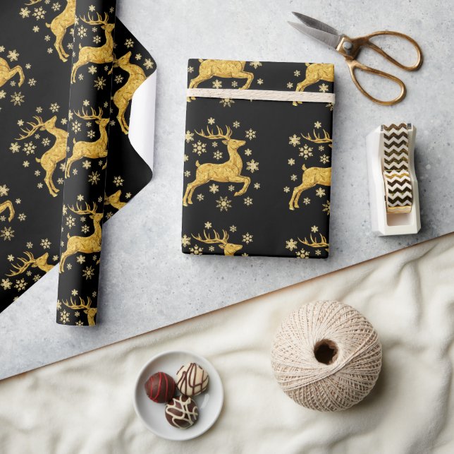 Black And Gold Faux Foil Reindeer and Snowflakes Wrapping Paper (Crafts)