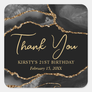 Black and Gold Faux Glitter Agate Birthday Party Square Sticker