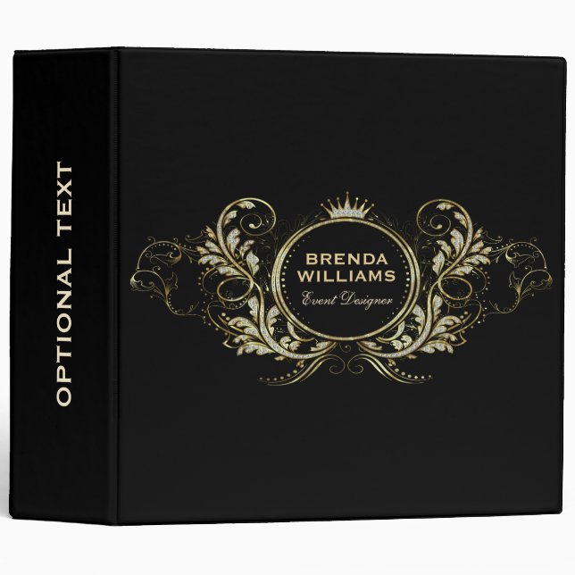  Black And Gold Faux Glitter Girly Floral Frame Binder (Front/Spine)