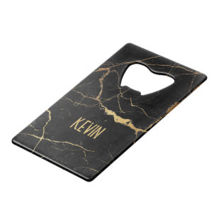 Black and gold faux marble background credit card bottle opener