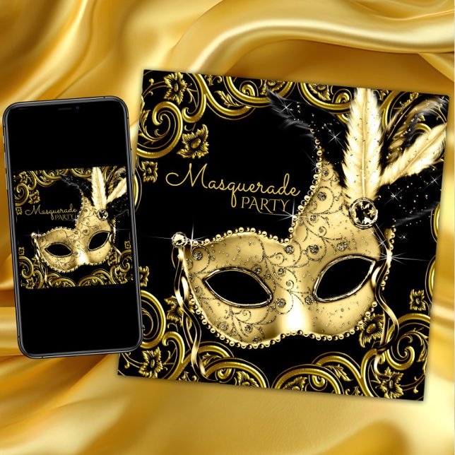 Black and Gold Feather Mask Masquerade Party Invitation (Black and gold masquerade party invitation with beautiful gold mask and gold swirls. Any occasion.)