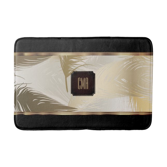 Black and Gold Feather Pattern with Monogram Bath Mat (Front)