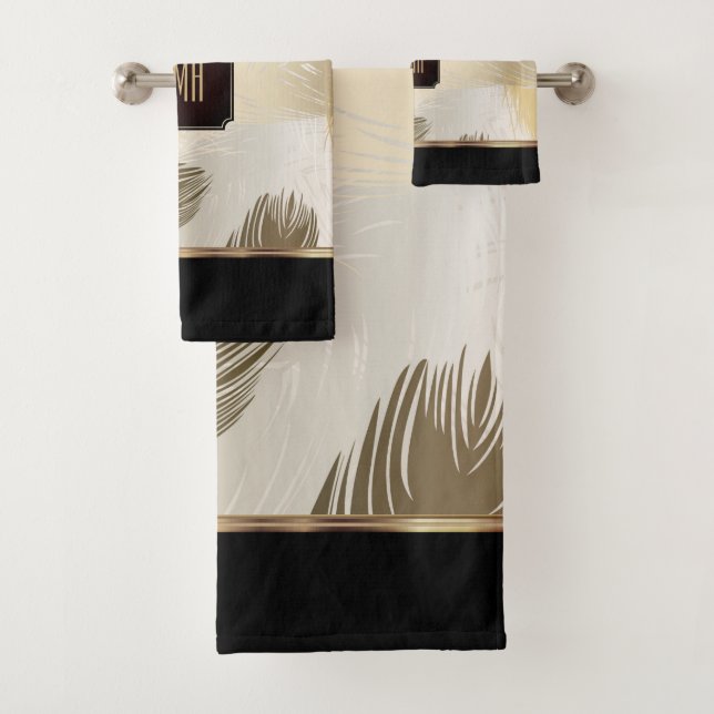 Black and Gold Feather Pattern with Monogram Bath Towel Set (Insitu)