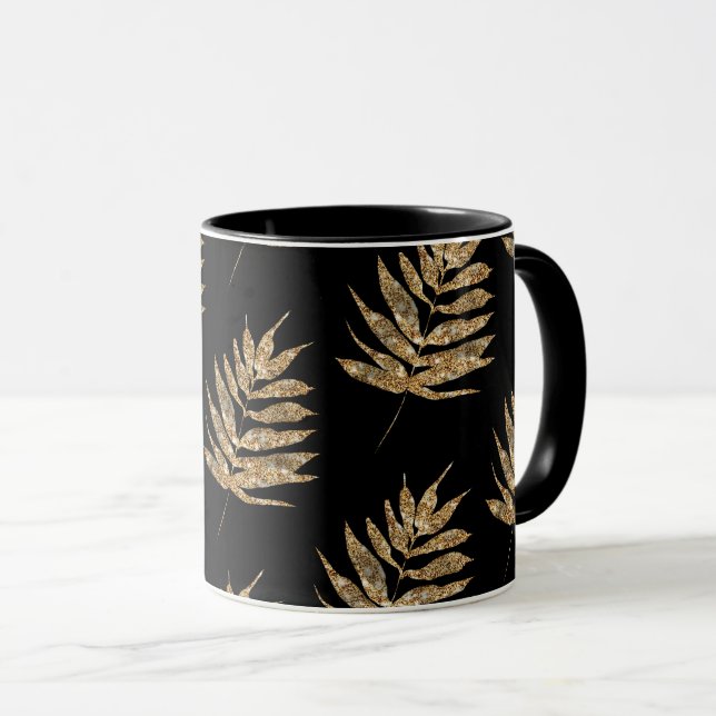 Black and Gold Fern Leaf Pattern Coffee Mug (Front Right)