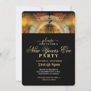 BLACK AND GOLD, FESTIVE CLOCK, NEW YEARS PARTY INVITATION