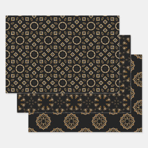 Black and Gold Filigree Ornaments Mosaic Patterns Wrapping Paper Sheet