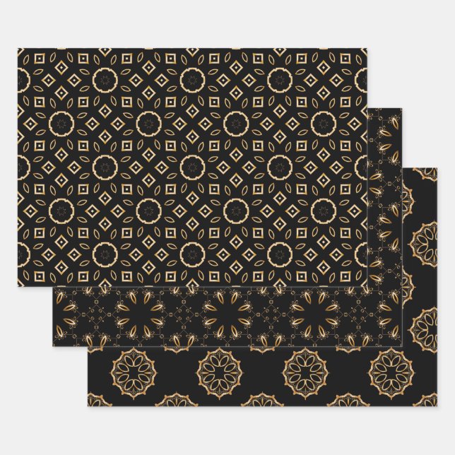 Black and Gold Filigree Ornaments Mosaic Patterns Wrapping Paper Sheet (Set)