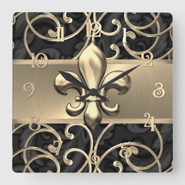 Black and Gold Filigree Swirls Fleur de Lis Square Wall Clock (Front)