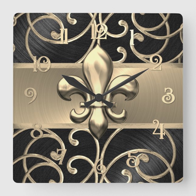 Black and Gold Filigree Swirls Fleur de Lis Square Wall Clock (Front)