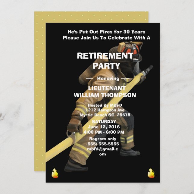 Black and Gold Firefighters Retirement Party    Invitation (Front/Back)