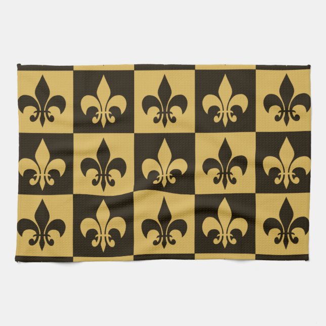 Black and Gold Fleur de lis Kitchen Towel (Horizontal)