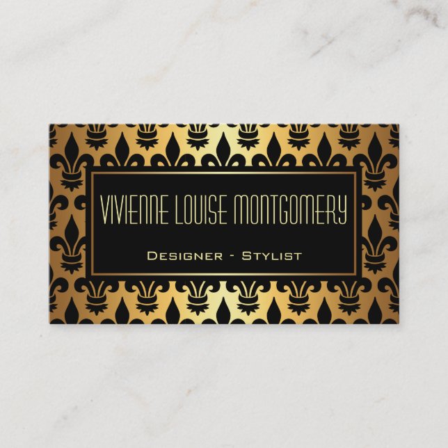 Black and Gold Fleur de Lis Pattern Business Card (Front)