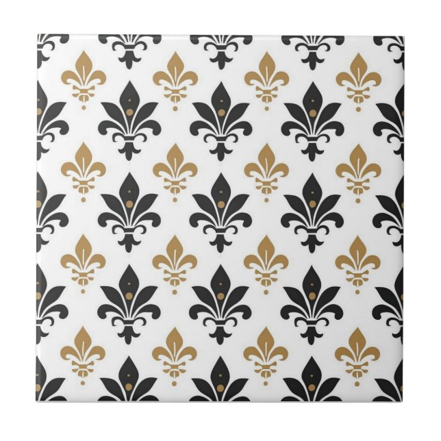 Black and Gold Fleur-de-Lis Pattern Tile (Front)