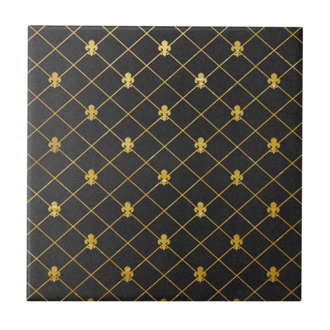 Black and Gold. Fleur de Lis. Tile (Front)