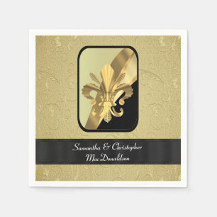 Black and gold fleur de lys personalized napkin