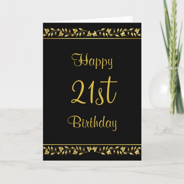 Black and Gold Floral 21st Birthday Card (Front)